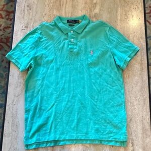 Polo by Ralph Lauren Aqua teal pink‎ pony Polo Shirt custom slim fit large EUC